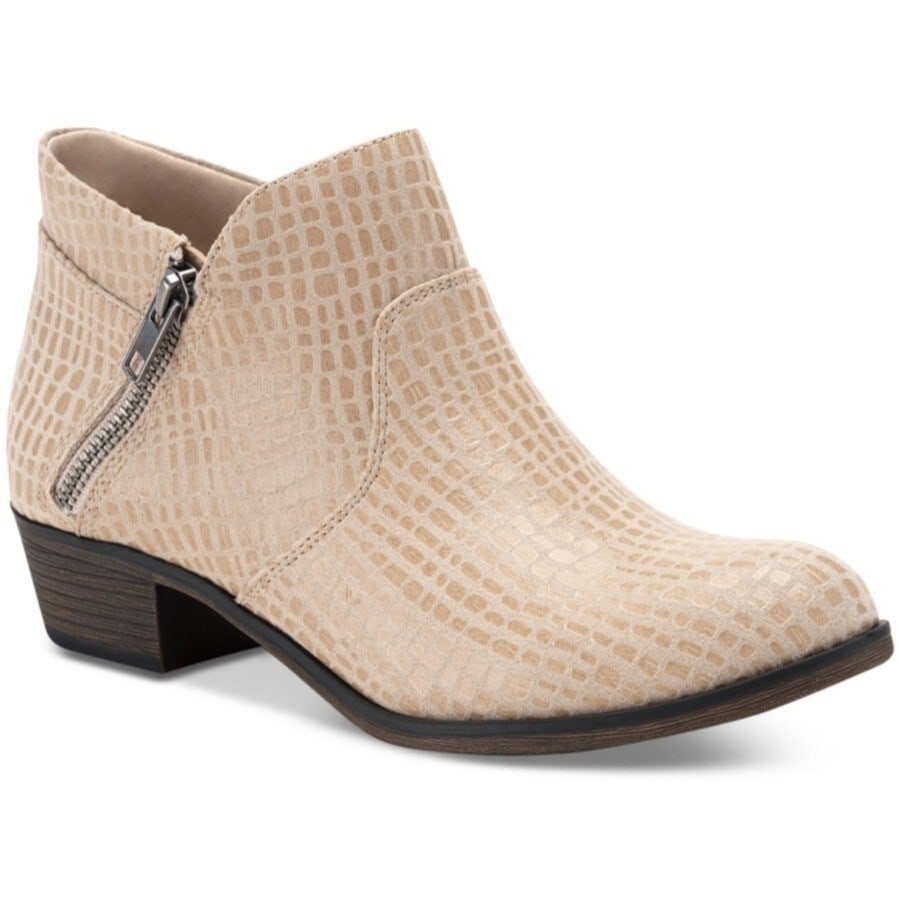 Sun + Stone Abby Double Zip Beige Booties Block Heel 6.5M: Sun + Stone Abby Double Zip Beige Booties Block Heel 6.5M Elevate your fall and winter wardrobe with the Abby Double Zip Booties from Sun + Stone. These stylish ankle booties feature a chic spotted pa