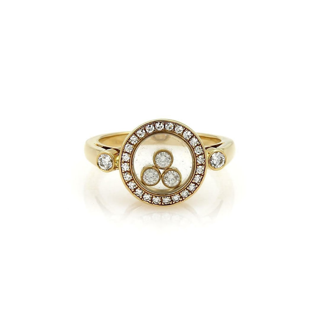 Chopard Happy Diamond 18k Yellow Gold Ring with 3 Floating Diamonds: Chopard Happy Diamond 18k Yellow Gold Ring with 3 Floating Diamonds Discover the elegance of this authentic Chopard Happy Diamond ring, expertly crafted from 18k yellow gold. This exquisite piece from