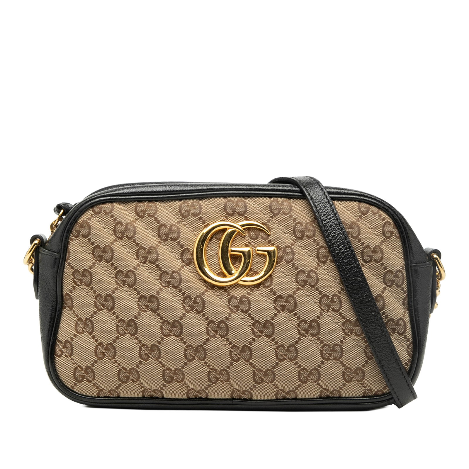 Gucci GG Marmont Small Canvas and Leather Chain Crossbody Bag: Gucci GG Marmont Small Canvas and Leather Chain Crossbody Bag This Gucci Small GG Marmont Matelasse crossbody bag features a canvas body with leather trim, a chain link and adjustable leather strap, a