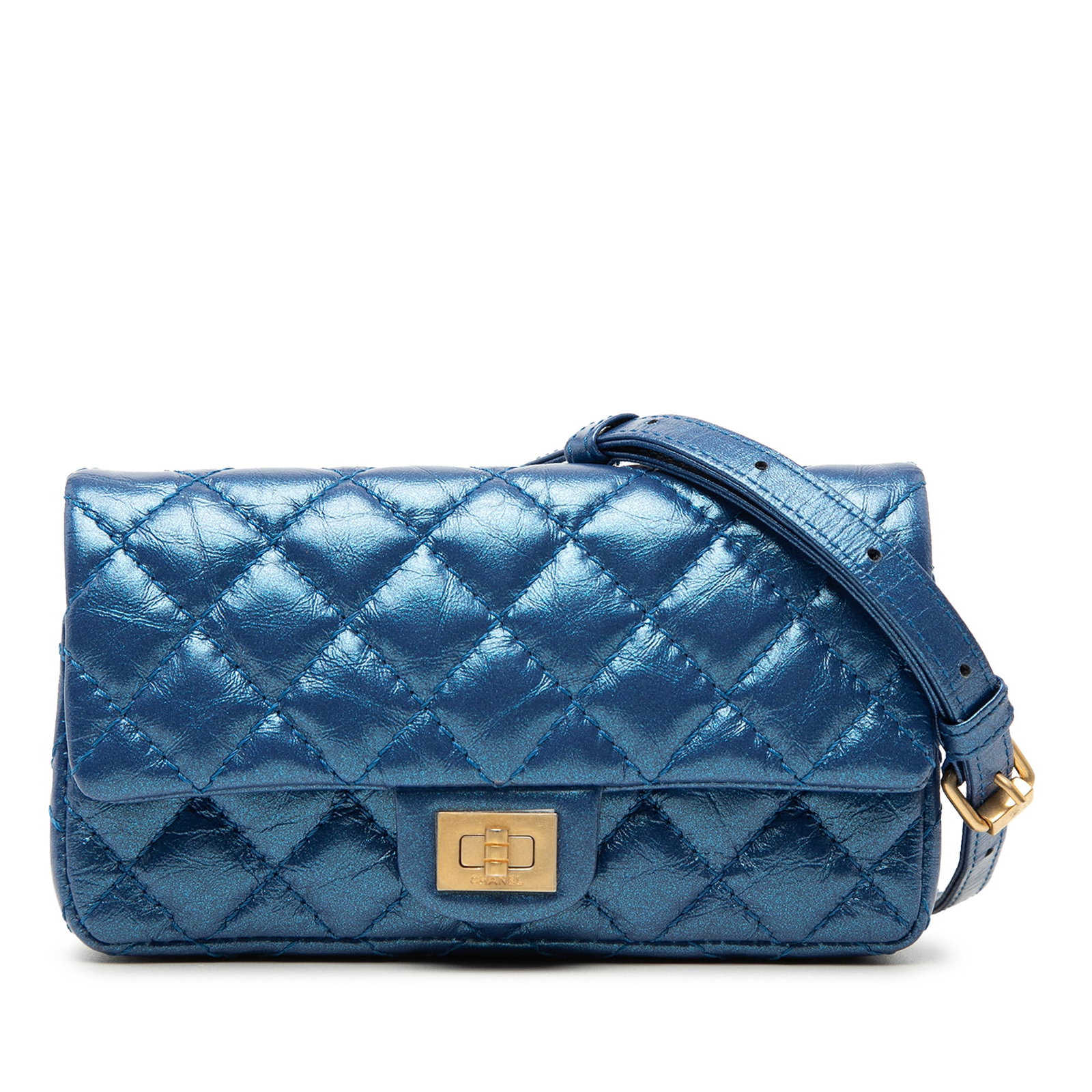 Chanel Reissue 2.55 quilted aged calfskin metallic belt bag blue (1 of 7)