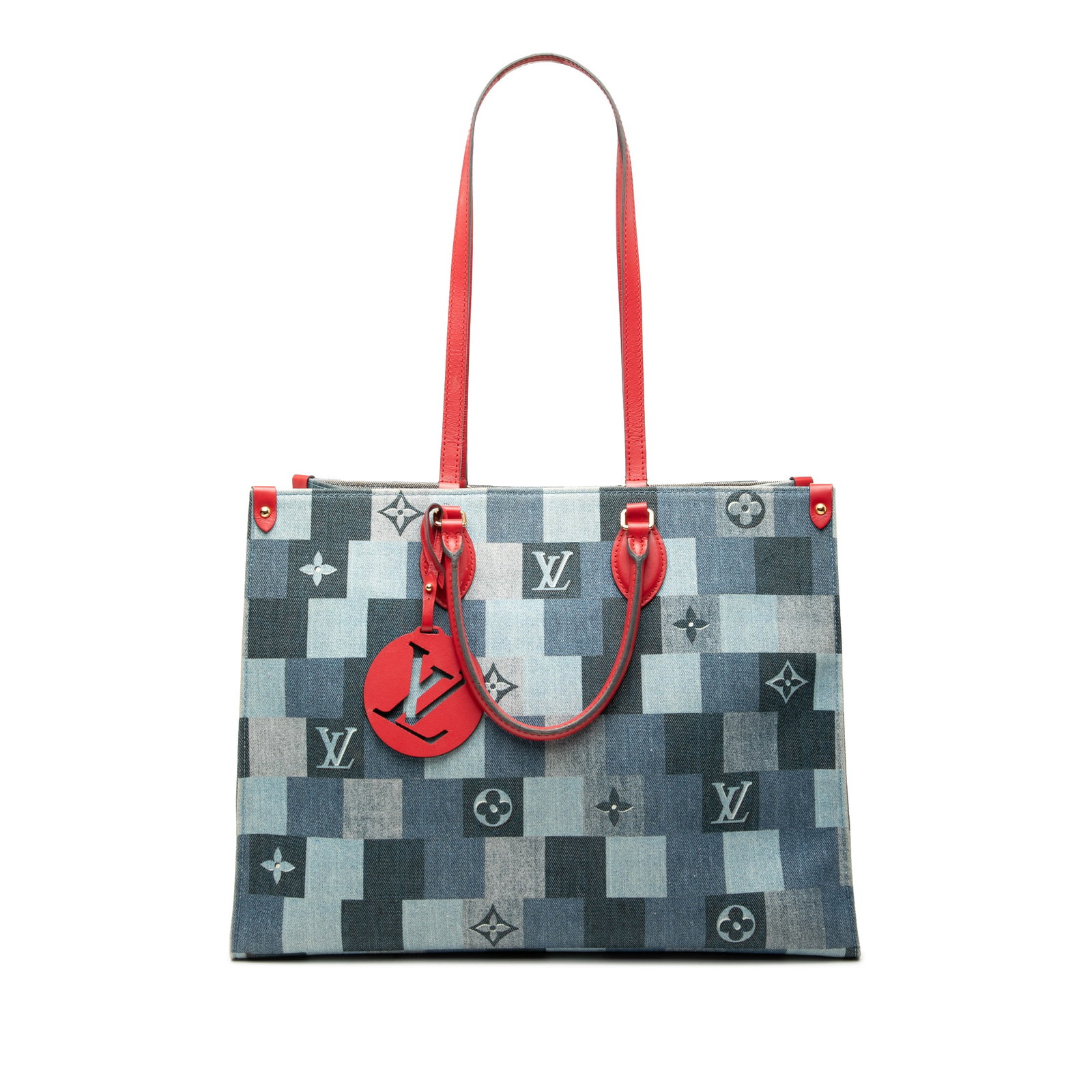 Louis Vuitton Onthego GM Monogram Denim Tote Bag: Louis Vuitton Onthego GM Monogram Denim Tote Bag This Louis Vuitton Monogram Denim Onthego GM features a blue denim body with rolled leather handles and flat leather shoulder straps. The bag has an op
