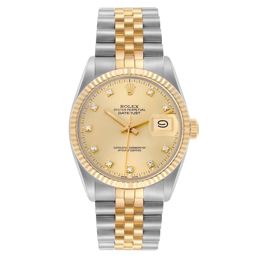 Rolex Datejust 16013G Champagne Diamond Dial D Link Jubilee Watch: Rolex Datejust 16013G Champagne Diamond Dial D Link Jubilee Watch This Rolex Datejust features a champagne factory dial adorned with diamonds, a fluted bezel, and a D-Link Jubilee bracelet. Designed f