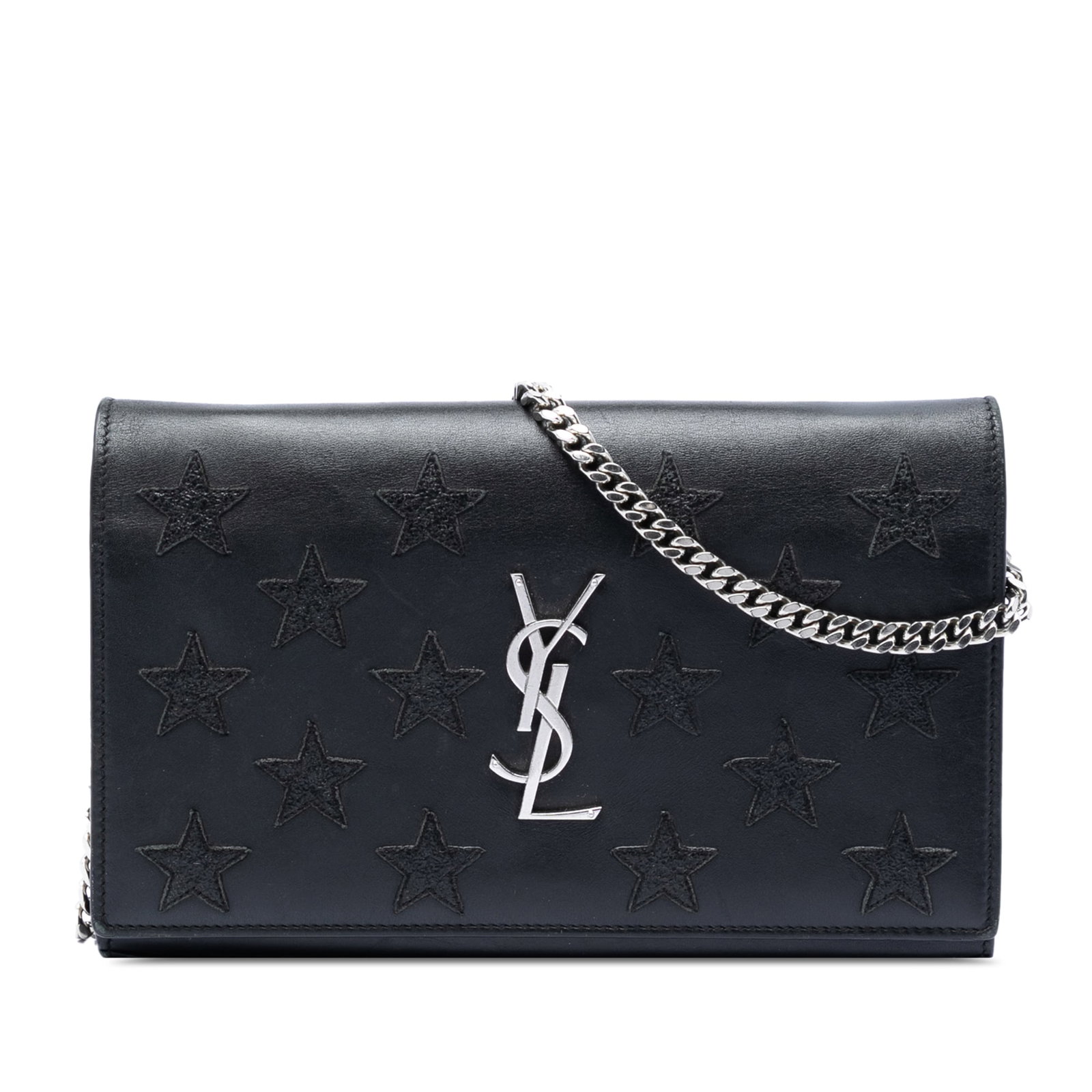Saint Laurent Kate Wallet on Chain in Black Calfskin with Star Applique: Saint Laurent Kate Wallet on Chain in Black Calfskin with Star Applique Saint Laurent Calfskin Star Applique Classic Monogram Kate Wallet on Chain in black leather with star embellishments. This cross