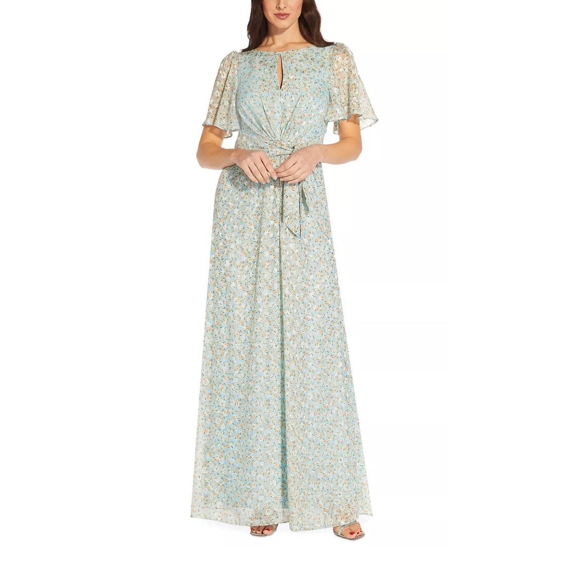 Adrianna Papell Floral Jacquard Gown Mint Size 4 with Flutter Sleeves: Adrianna Papell Floral Jacquard Gown Mint Size 4 with Flutter Sleeves Elevate your formal wear collection with this stunning floral jacquard gown by Adrianna Papell. Designed for special occasions, th