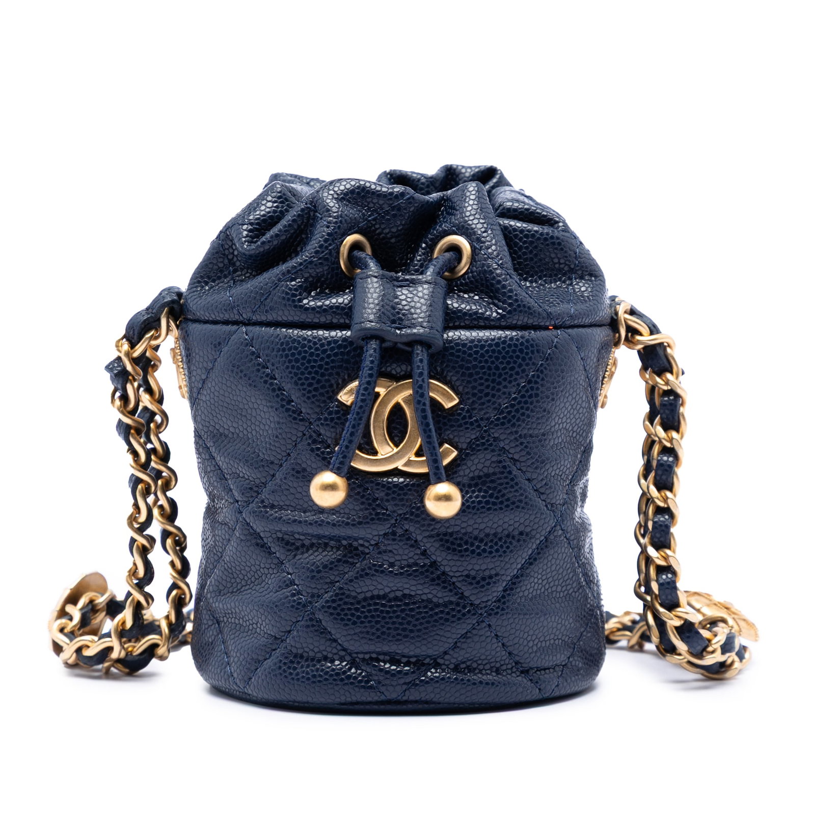 Chanel blue caviar leather bucket bag medallion charms: Chanel blue caviar leather bucket bag medallion charms This Chanel Mini Quilted Caviar Medallion Charms Drawstring Bucket Bag features a quilted caviar leather exterior in blue, complemented by a leat