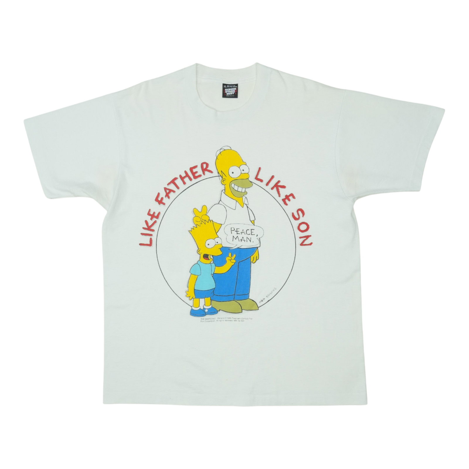 Vintage 1990 The Simpsons Poly Cotton Homer Bart XL White Shirt: Vintage 1990 The Simpsons Poly Cotton Homer Bart XL White Shirt This is an original vintage 1990 The Simpsons shirt featuring Homer and Bart with a father and son theme. The shirt is made from a 50/50