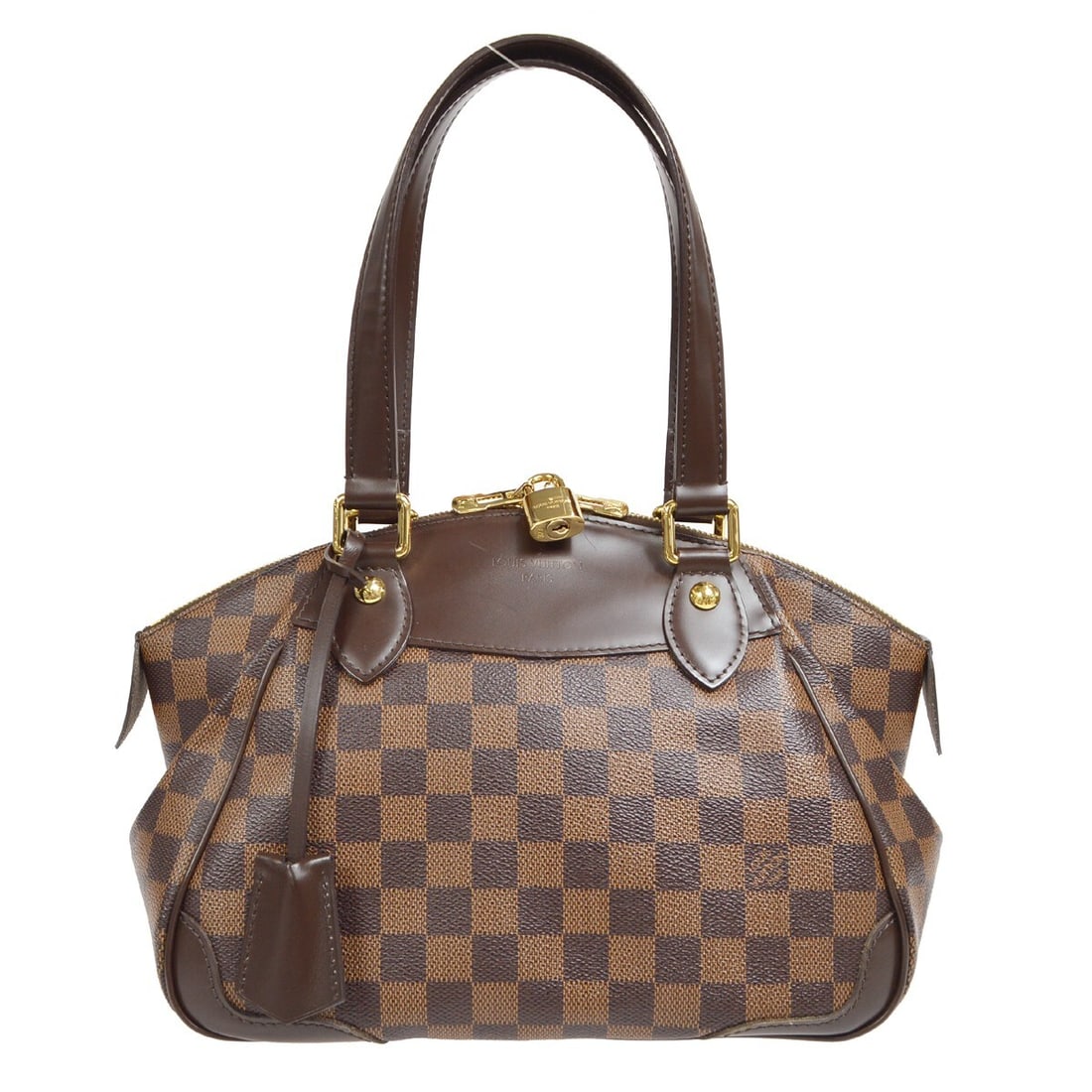 Louis Vuitton Verona PM Damier Ebene zip purse with padlock keys: Louis Vuitton Verona PM Damier Ebene zip purse with padlock keys Louis Vuitton Verona PM handbag in brown Damier Ebene canvas with leather trim and a red lining. This zip-top purse features one interi