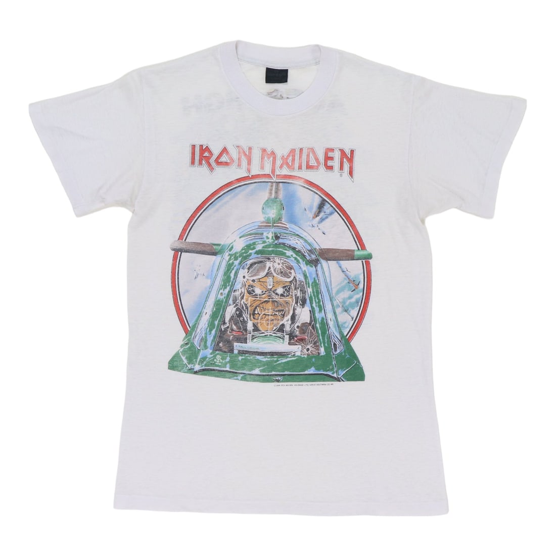 Vintage 1984 Iron Maiden Aces High Band T Shirt White 50 50 Poly Cotton: Vintage 1984 Iron Maiden Aces High Band T Shirt White 50 50 Poly Cotton This is an original vintage 1984 Iron Maiden Aces High shirt featuring both front and back graphics. The shirt is made from a 50