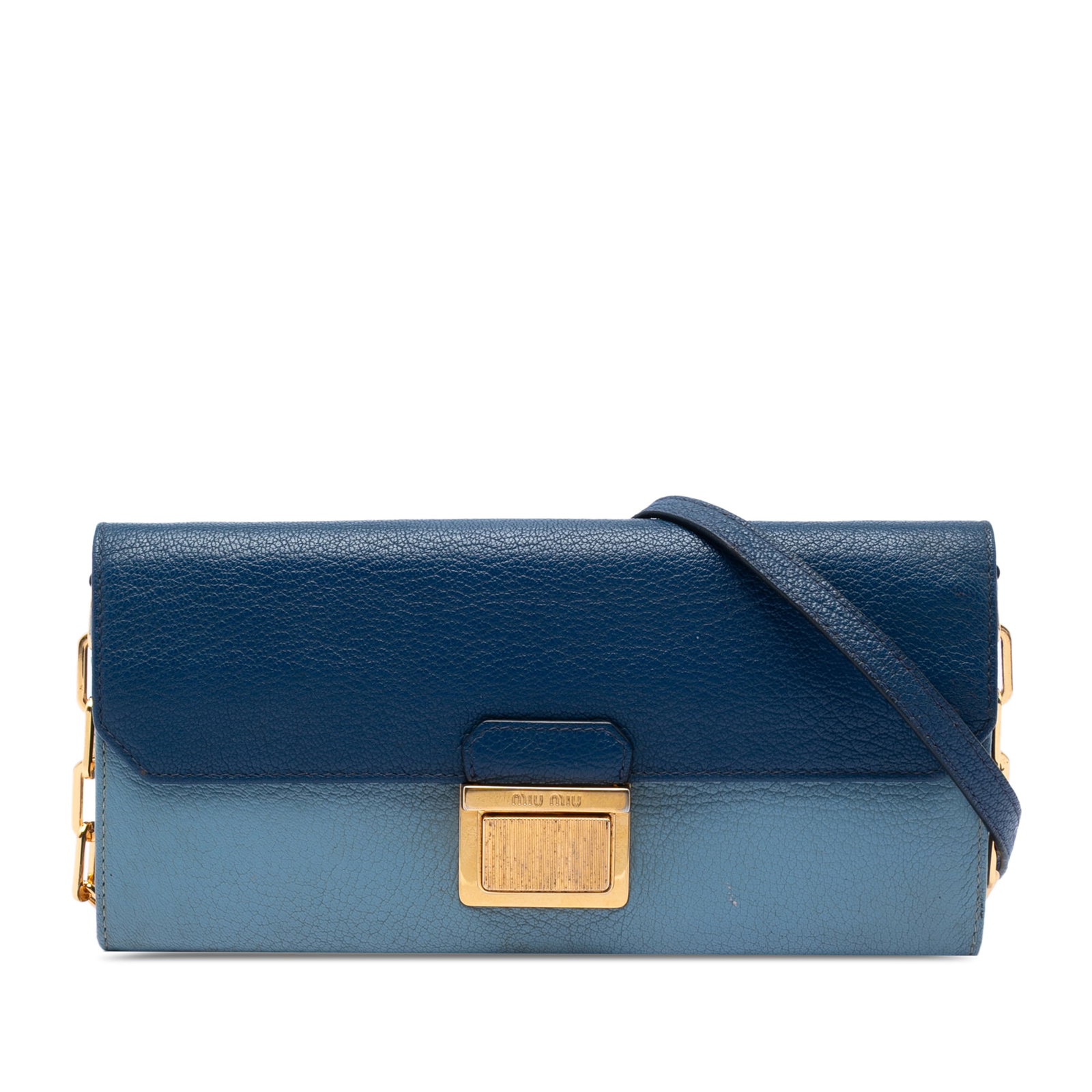 Miu Miu Madras Wallet on Chain in Blue Goatskin: Miu Miu Madras Wallet on Chain in Blue Goatskin Miu Miu wallet on chain in blue bicolor goatskin leather with a Madras finish. It features a gold-tone chain with an adjustable flat leather strap, a fl