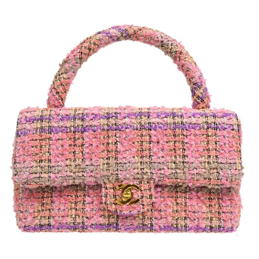 CHANEL Quilted CC Tweed Top Handle Flap Bag Pink: CHANEL Quilted CC Tweed Top Handle Flap Bag Pink A Chanel top handle handbag in pink tweed with a quilted matelasse pattern and turn lock flap closure. It features a leather lining, inner and outer po
