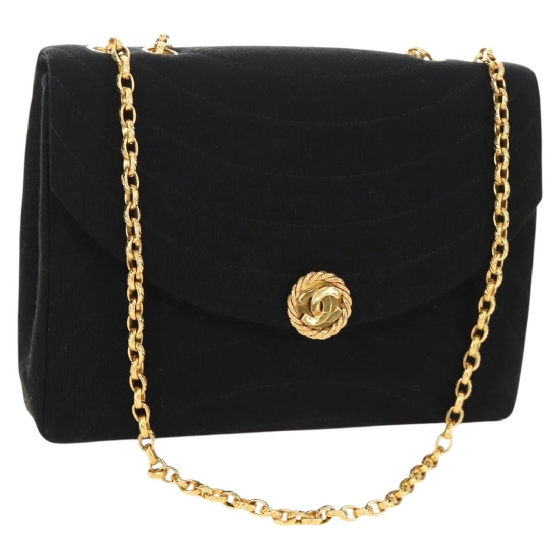 CHANEL CC Cotton Shoulder Bag Black with Chain Strap: CHANEL CC Cotton Shoulder Bag Black with Chain Strap Black cotton shoulder bag with a chain strap and CC detailing. Includes a dust bag and item box. Condition is AB / very good, with slight rubbing o