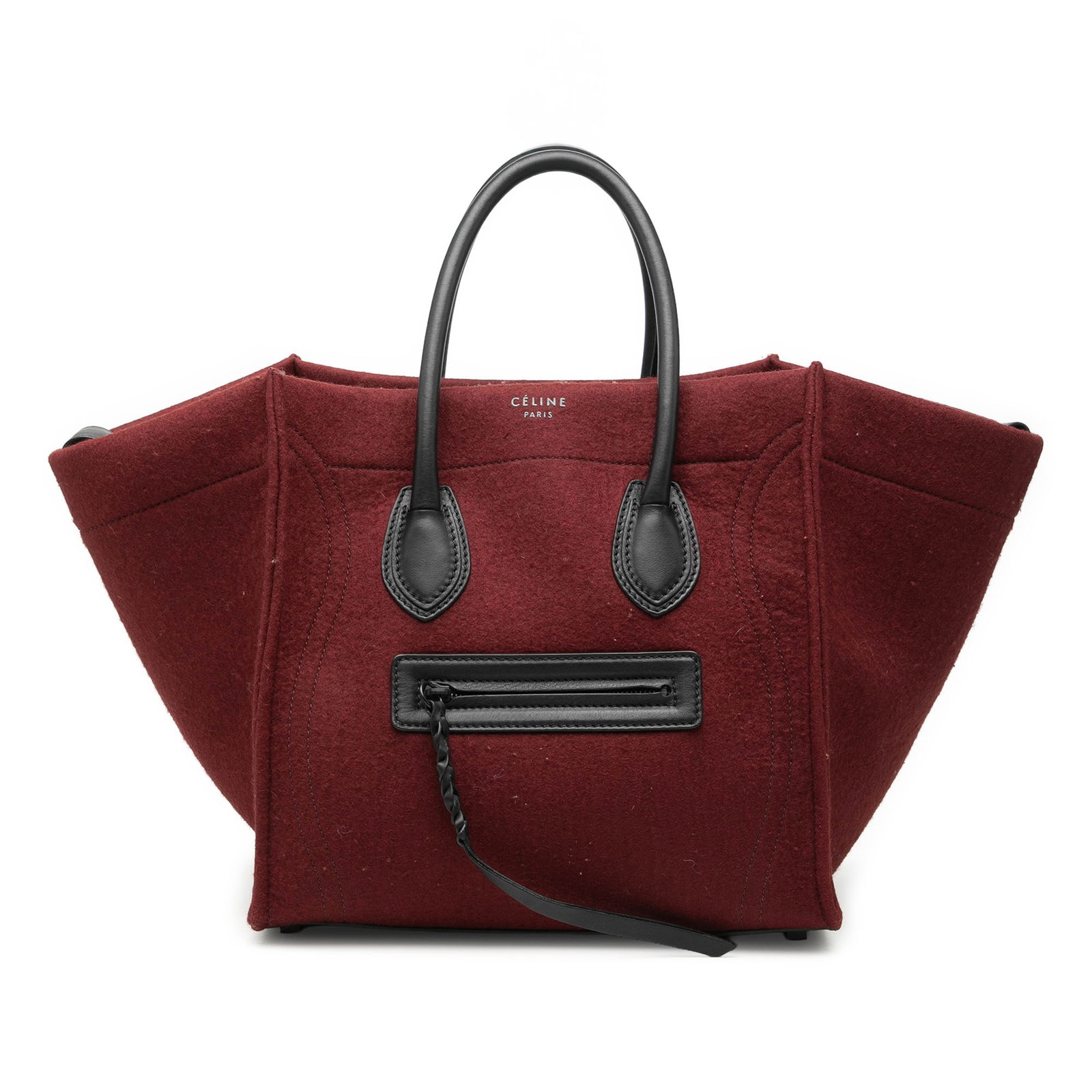 Celine Phantom Luggage Medium Felt Tote Bag Red: Celine Phantom Luggage Medium Felt Tote Bag Red Celine Medium Felt Phantom Luggage Tote in red with a wool body and rolled leather handles. This open-top tote includes an exterior zip pocket and an in