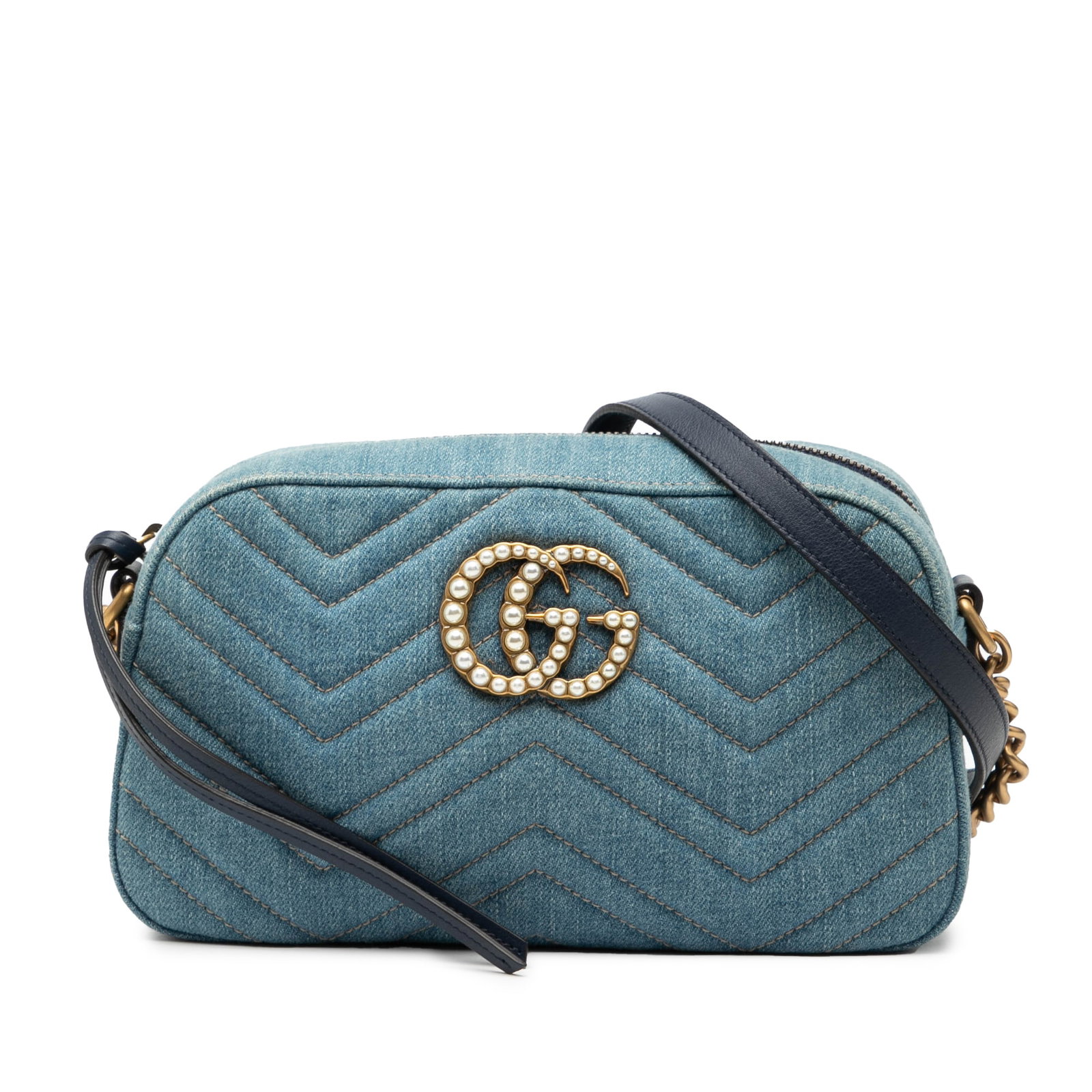 Small Gucci GG Marmont Matelasse Pearly Denim Crossbody Bag Blue: Small Gucci GG Marmont Matelasse Pearly Denim Crossbody Bag Blue This Gucci Small GG Marmont Matelasse Denim Pearly Crossbody bag features a blue denim body with matelasse quilting and pearl embellish