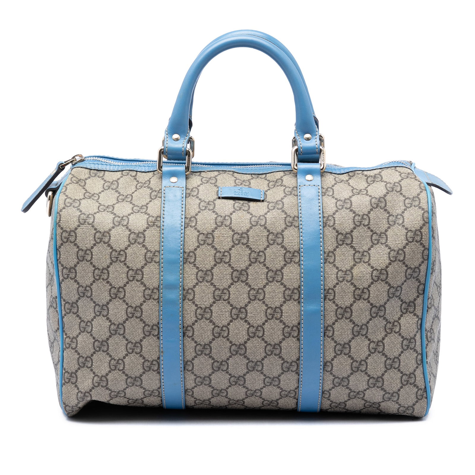 Gucci Joy Boston Bag Medium GG Supreme Coated Canvas: Gucci Joy Boston Bag Medium GG Supreme Coated Canvas A Gucci Medium GG Supreme Joy Boston Bag made in Italy. It features a coated canvas body with leather trim, rolled leather handles, a top zip closu