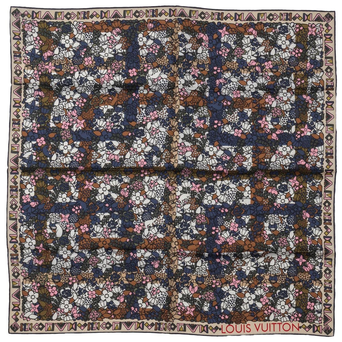 Louis Vuitton Floral Silk Scarf 26 x 26 Hand Rolled Edges Italy: Louis Vuitton Floral Silk Scarf 26 x 26 Hand Rolled Edges Italy Elevate your accessory collection with this exquisite Louis Vuitton silk scarf, showcasing a vibrant floral pattern in pink and brown. C