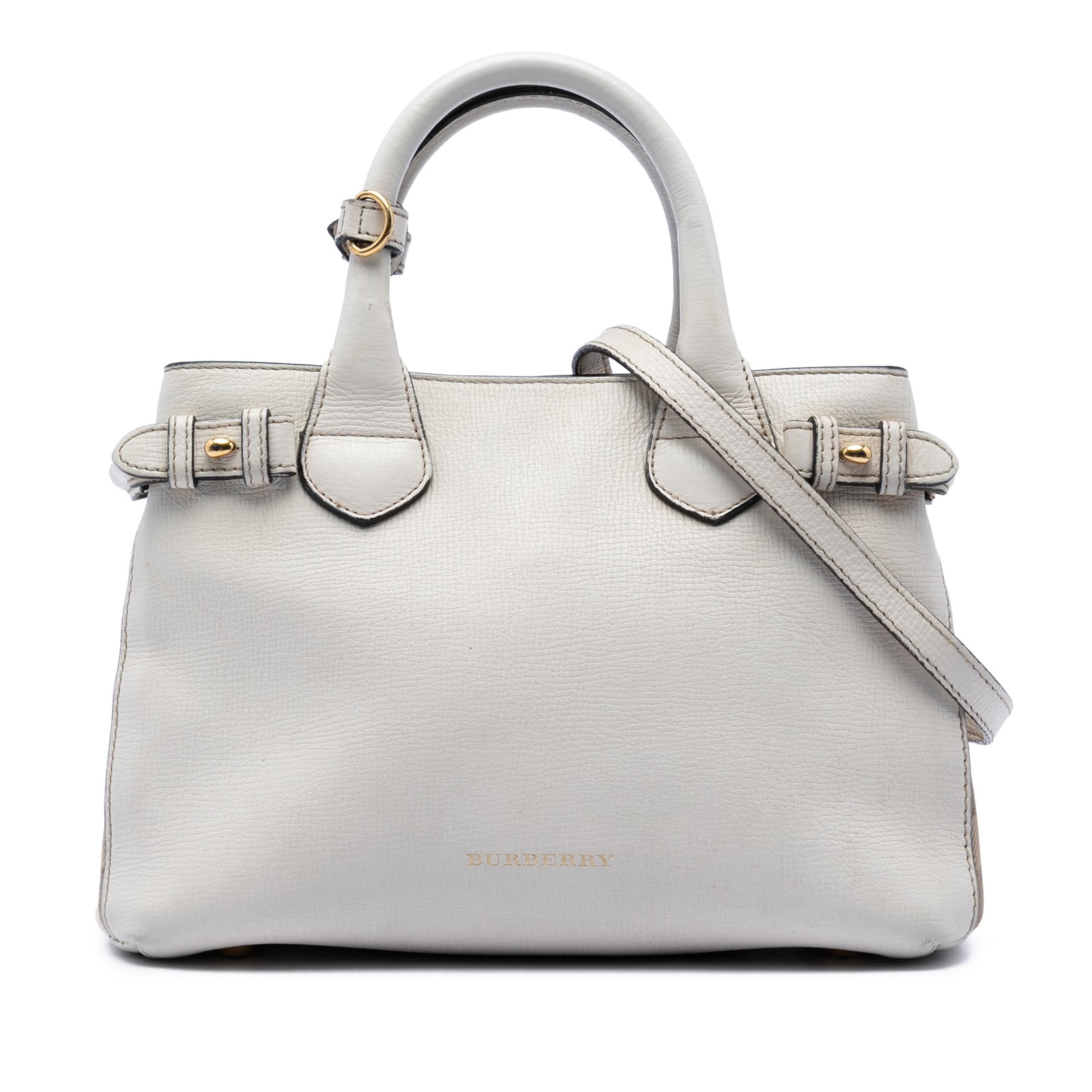 Burberry Banner Satchel Small White Leather House Check Bag: Burberry Banner Satchel Small White Leather House Check Bag Small satchel crafted with a leather body and house check canvas side panels. It features rolled leather handles, an adjustable and detachab
