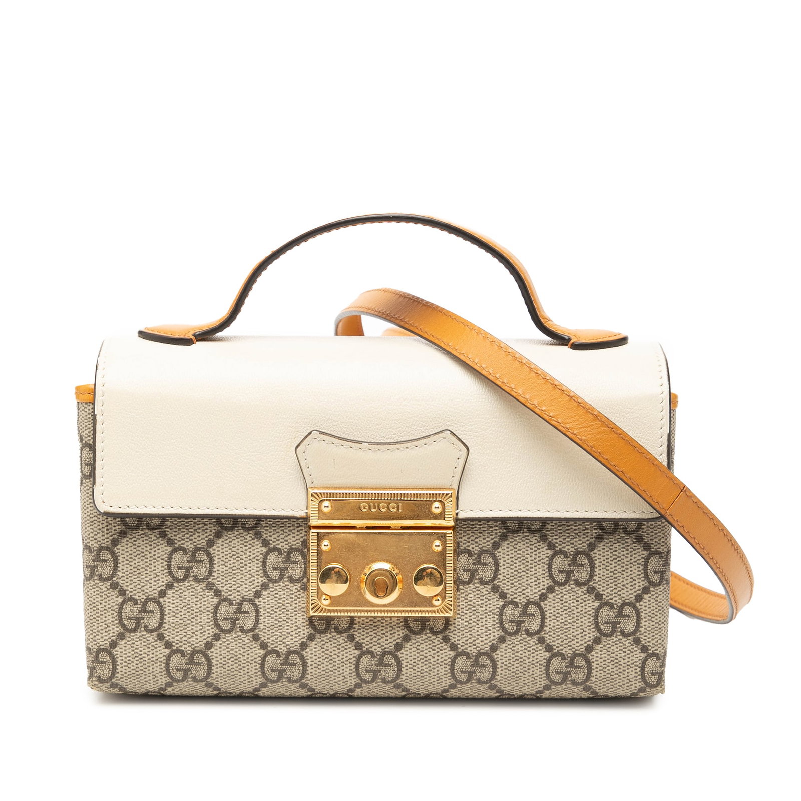Gucci Padlock Mini Satchel in GG Supreme Coated Canvas: Gucci Padlock Mini Satchel in GG Supreme Coated Canvas Gucci Mini GG Supreme Padlock Satchel in beige with a coated canvas body and leather trim. This satchel features a flat leather handle, a detacha