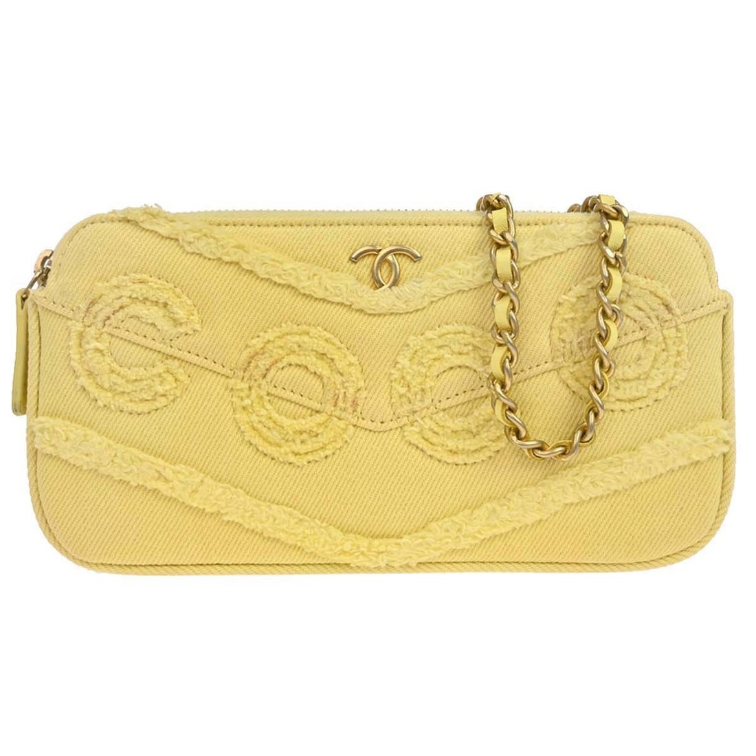 CHANEL Coco WOC Denim Wallet Shoulder Bag Yellow: CHANEL Coco WOC Denim Wallet Shoulder Bag Yellow Chanel yellow denim Coco Wallet on Chain (WOC) shoulder bag, designed for women and featuring a folding wallet style. It is made in France and comes wi