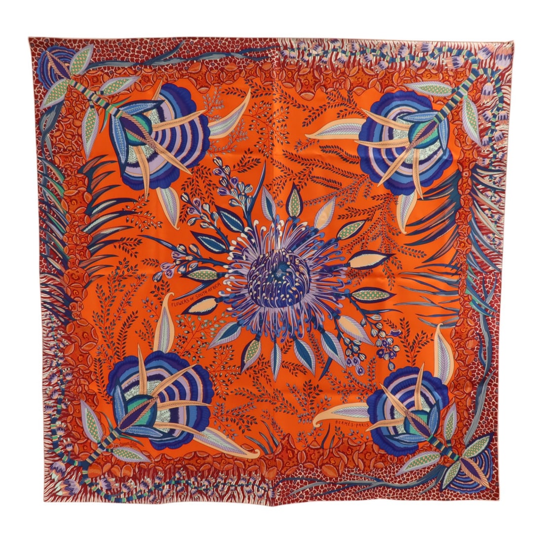 Hermes Silk Scarf 90cm x 90cm Red Orange Blue Multicolor: Hermes Silk Scarf 90cm x 90cm Red Orange Blue Multicolor A Hermes silk scarf in a 90 x 90 cm square format, presented in red, orange, blue, and multicolor tones. The item is listed in very good AB con