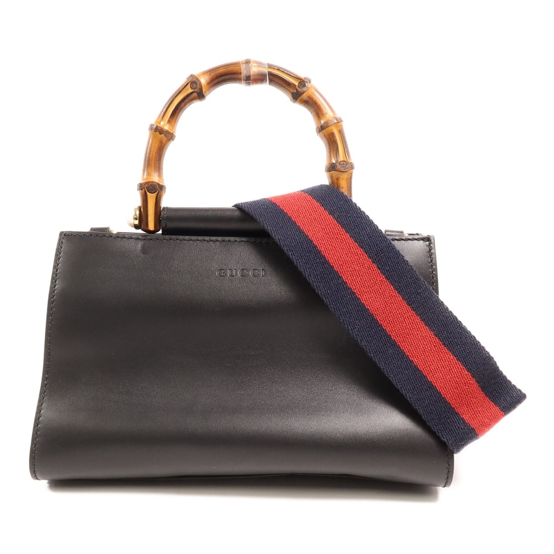 GUCCI Nymphaea 470271 2 Way Shoulder Bag Black Calfskin Bamboo: GUCCI Nymphaea 470271 2 Way Shoulder Bag Black Calfskin Bamboo GUCCI GG Bamboo Nymphaea 2 Way Shoulder Bag in black calfskin leather, designed for women. This regular-size bag features a 2-way shoulde