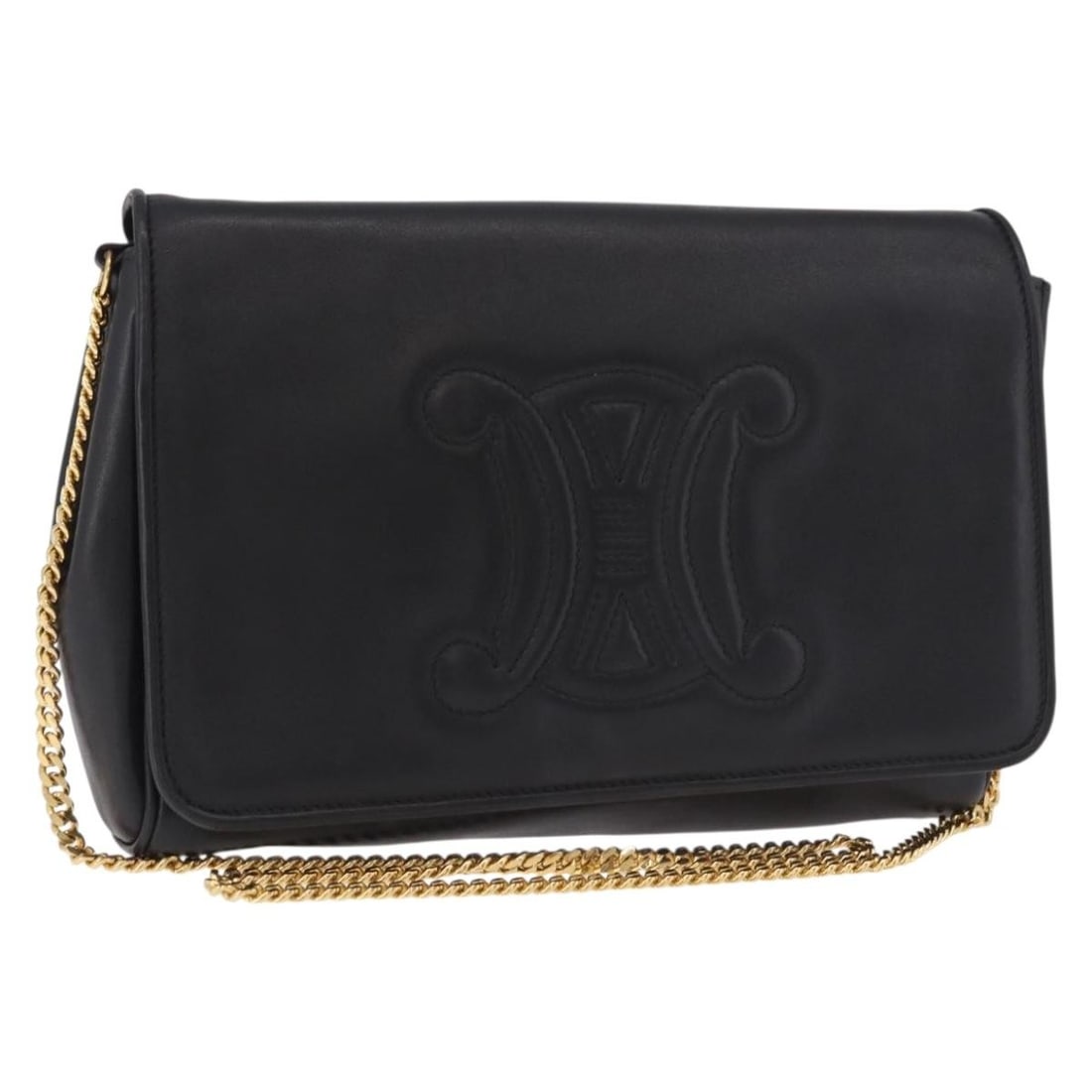 CELINE black leather shoulder bag with gold tone chain Made in Italy: CELINE black leather shoulder bag with gold tone chain Made in Italy CELINE chain shoulder bag in black and gold leather, made in Italy. It features a shoulder strap drop of approximately 19.7 inches 