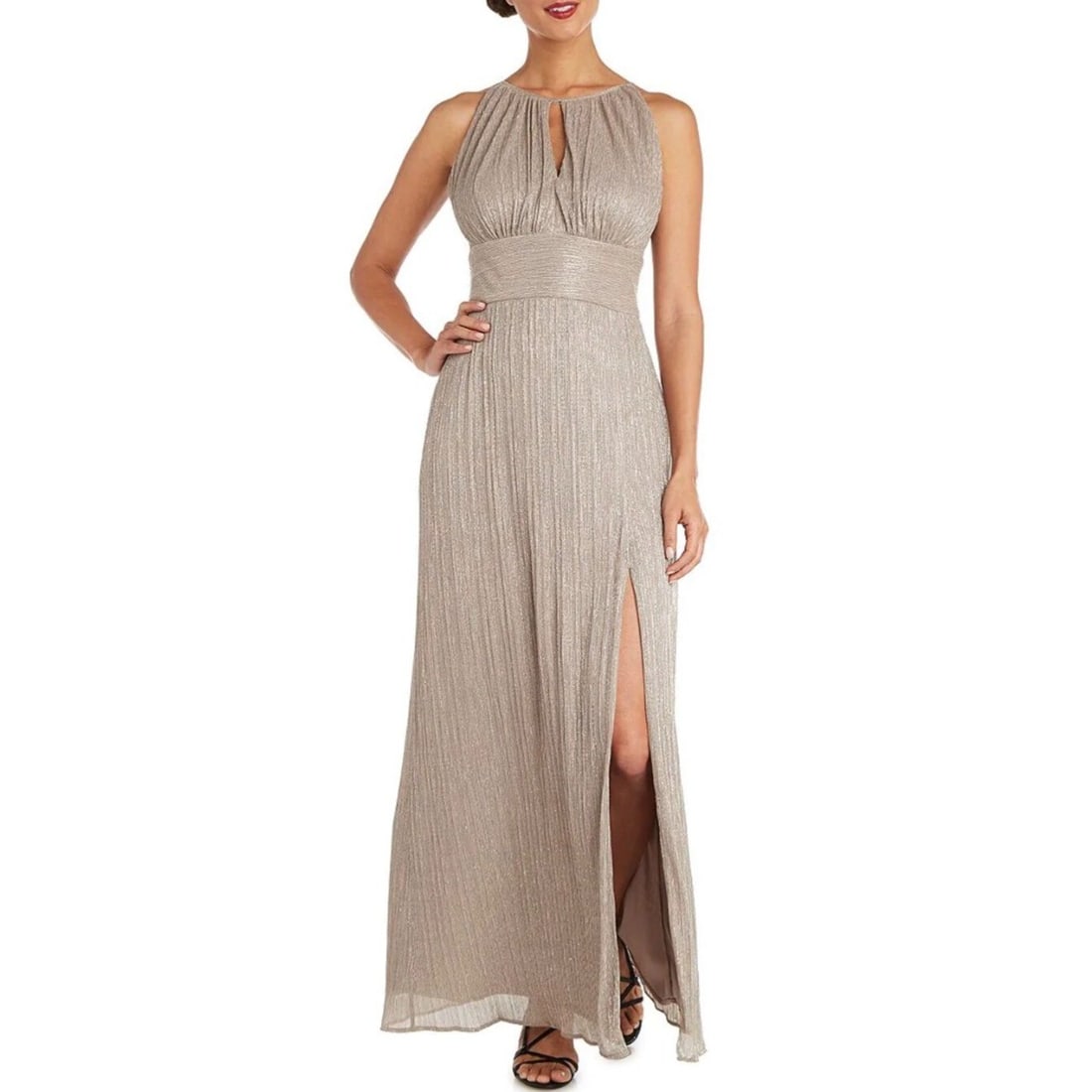 R&M Richards Gold Metallic Knit Keyhole Halter Gown Size 6 (1 of 3)
