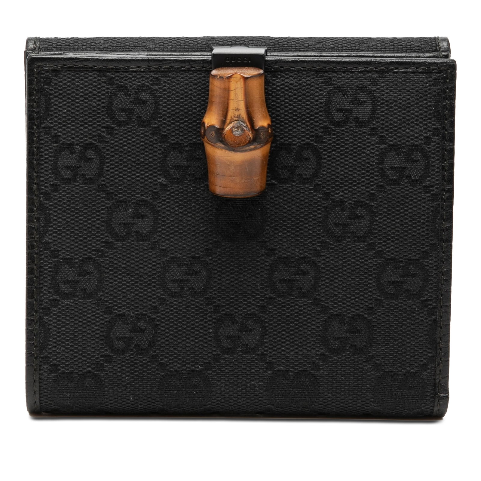 Gucci Bamboo Compact Wallet in Black GG Canvas Leather: Gucci Bamboo Compact Wallet in Black GG Canvas Leather Compact Gucci wallet crafted with a GG canvas and leather body, featuring a front flap with bamboo toggle lock closure, a back slip pocket with s