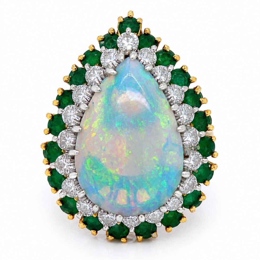 18K Gold Ring with Opal Emeralds and Diamond Accents: 18K Gold Ring with Opal Emeralds and Diamond Accents An 18K yellow gold ring set with opal, emerald, and diamond accents. The ring weighs 10.1 grams and is pre-owned. It features an approximate 5.00 c