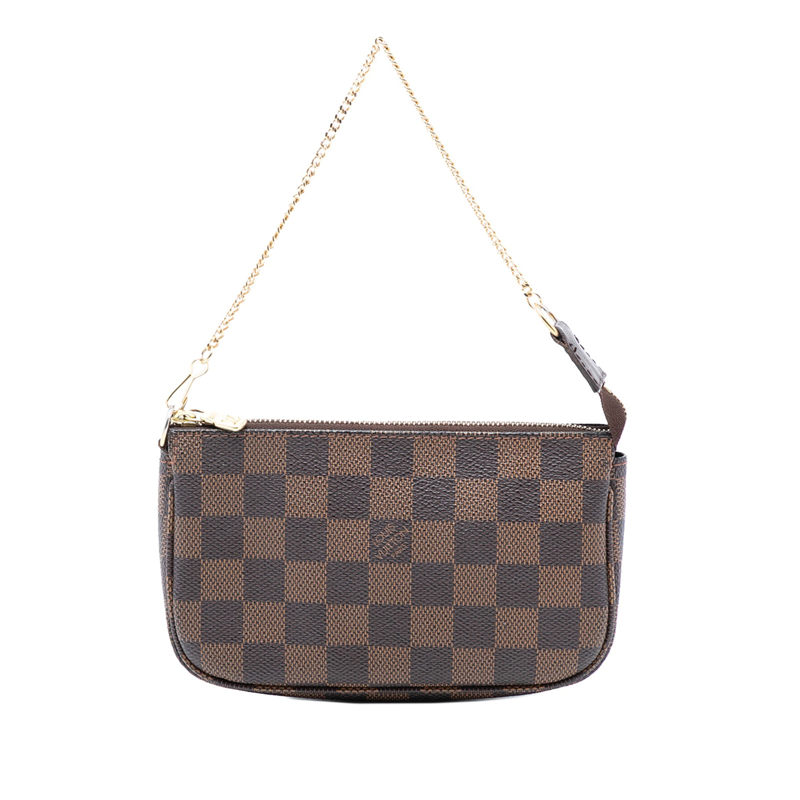 Louis Vuitton Mini Pochette Accessoires in Damier Canvas with Gold Tone Chain Strap: Louis Vuitton Mini Pochette Accessoires in Damier Canvas with Gold Tone Chain Strap This Louis Vuitton Mini Pochette Accessoires features the iconic Damier Ebene canvas in brown, complemented by a gol