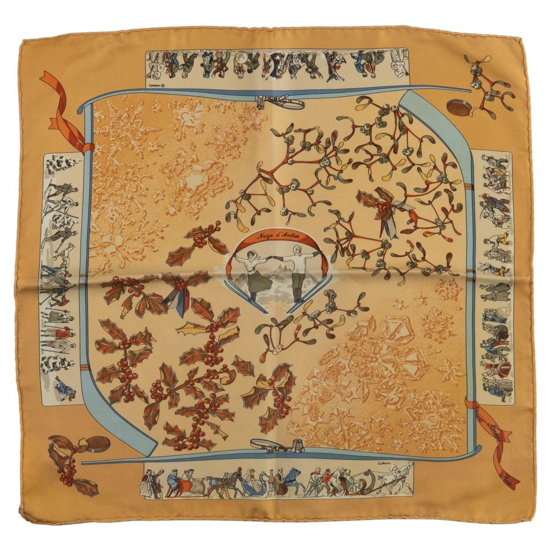 Hermes Neige d'Antan silk scarf yellow hand rolled edges: Hermes Neige d'Antan silk scarf yellow hand rolled edges Hermes "Neige d'Antan" scarf in yellow snow ski motif, crafted in 100% silk with hand-rolled edges. Made in France and presented in excellent c