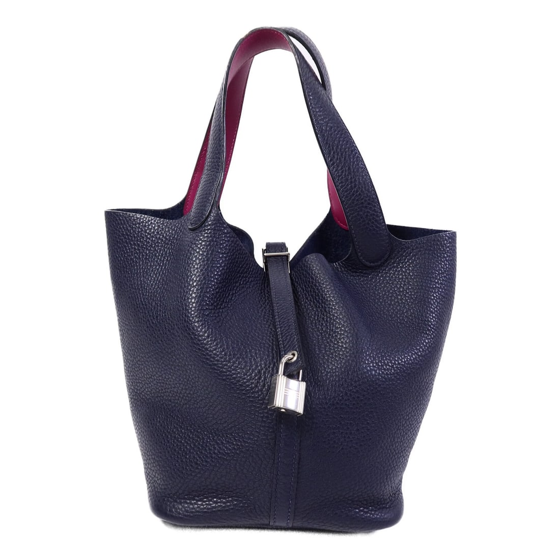 Hermes Picotin MM Clemence Calfskin Tote Bleu Nuit PHW: Hermes Picotin MM Clemence Calfskin Tote Bleu Nuit PHW Hermes PHW Picotin MM Tote Bag in Bleu Nuit, made from Clemence calfskin (cowhide). This tote features belt hardware, a C stamp from 2018, and co