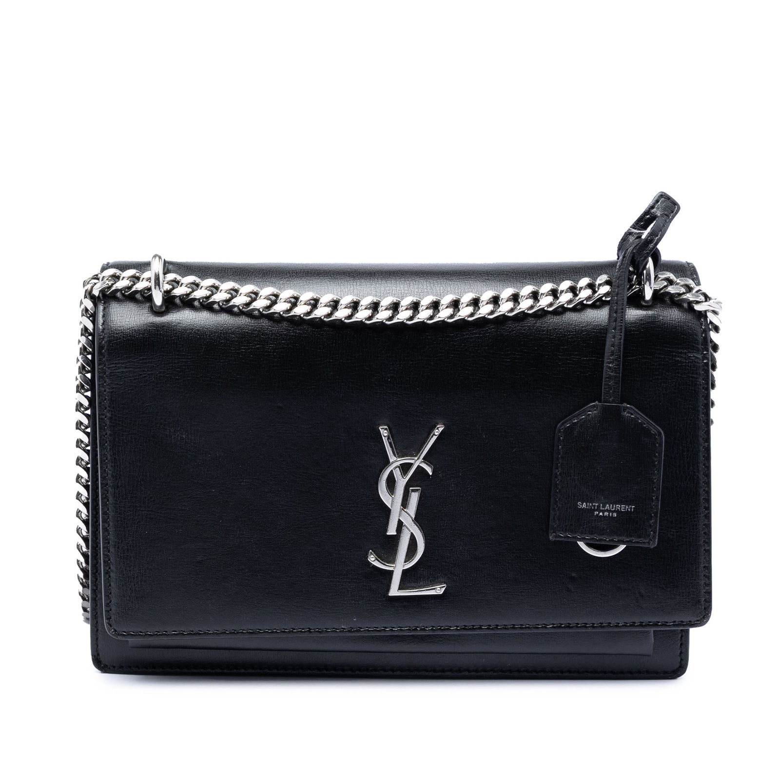 Saint Laurent Sunset leather crossbody bag medium black: Saint Laurent Sunset leather crossbody bag medium black This Saint Laurent Medium Calfskin Monogram Sunset Crossbody is crafted from black leather and features a chain link shoulder strap with a leath