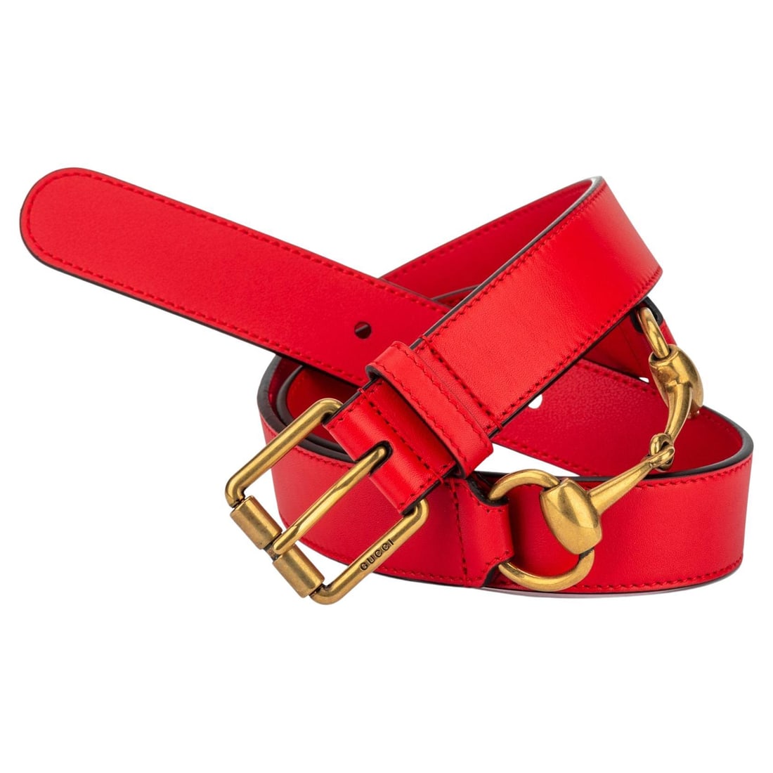 Gucci Red Leather Medium Belt with Brushed Gold Horse Bit: Gucci Red Leather Medium Belt with Brushed Gold Horse Bit This stunning Gucci belt showcases a vibrant bright red leather design, expertly crafted in Italy. The belt features a striking brushed gold h