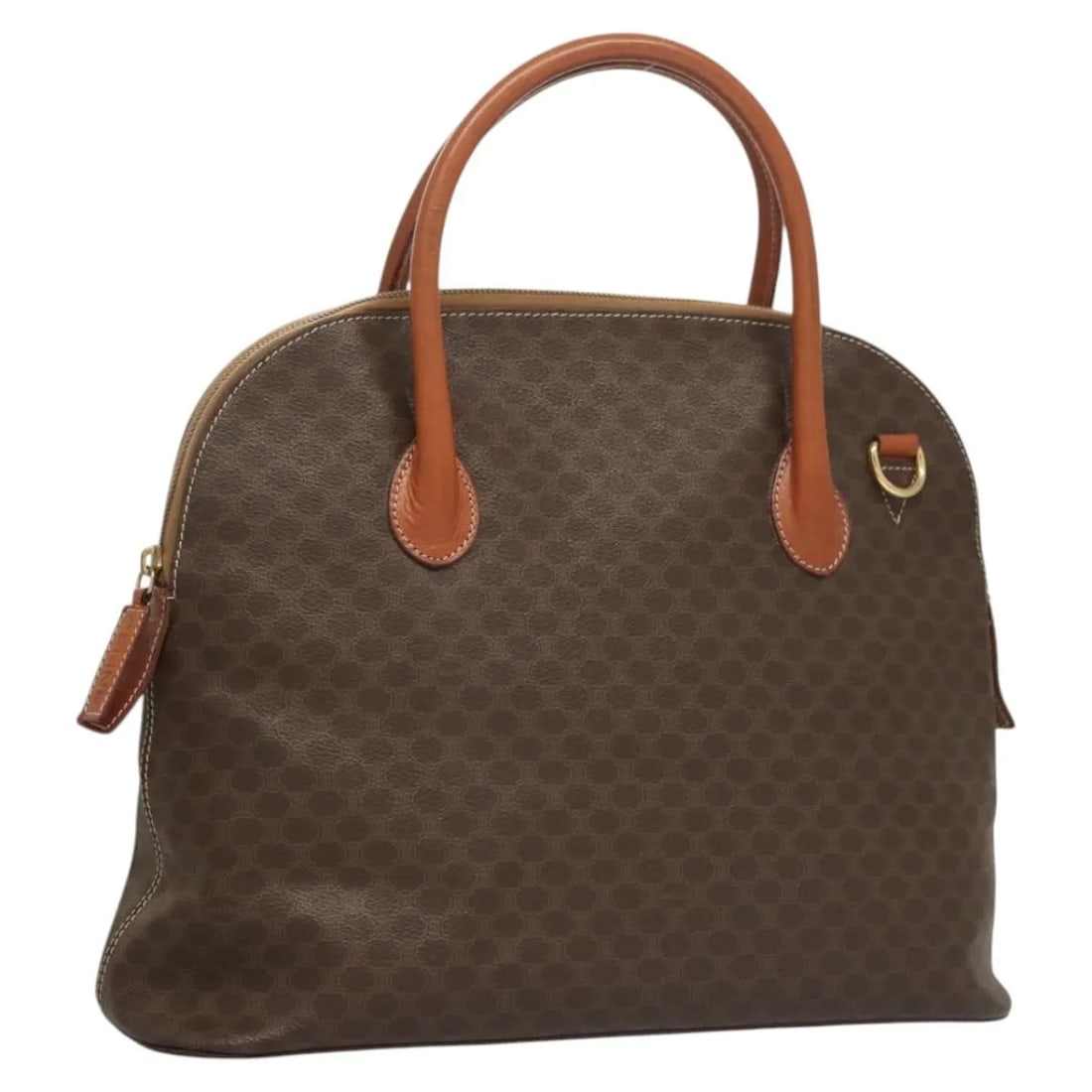 Celine Macadam Brown Canvas Handbag with Leather Trim: Celine Macadam Brown Canvas Handbag with Leather Trim This Celine Macadam Handbag features the classic Macadam pattern in brown canvas with leather accents. Designed for women, it offers a spacious in