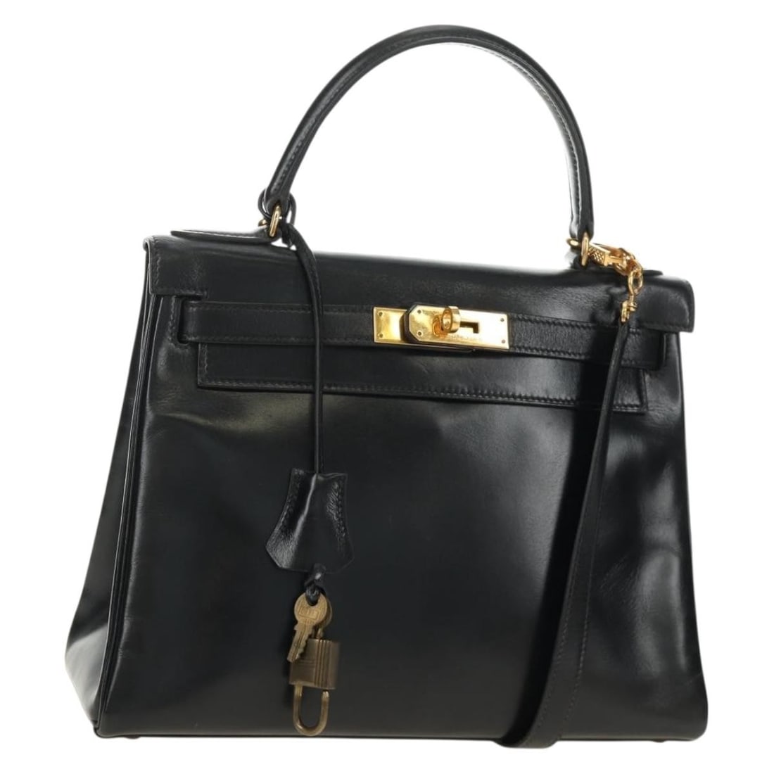 HERMES Kelly 28 Black Leather 2 Way Handbag with Strap and Padlock: HERMES Kelly 28 Black Leather 2 Way Handbag with Strap and Padlock Hermes Kelly 28 hand bag in black and gold leather, made in France. This 2-way style includes a shoulder strap and comes with the lis