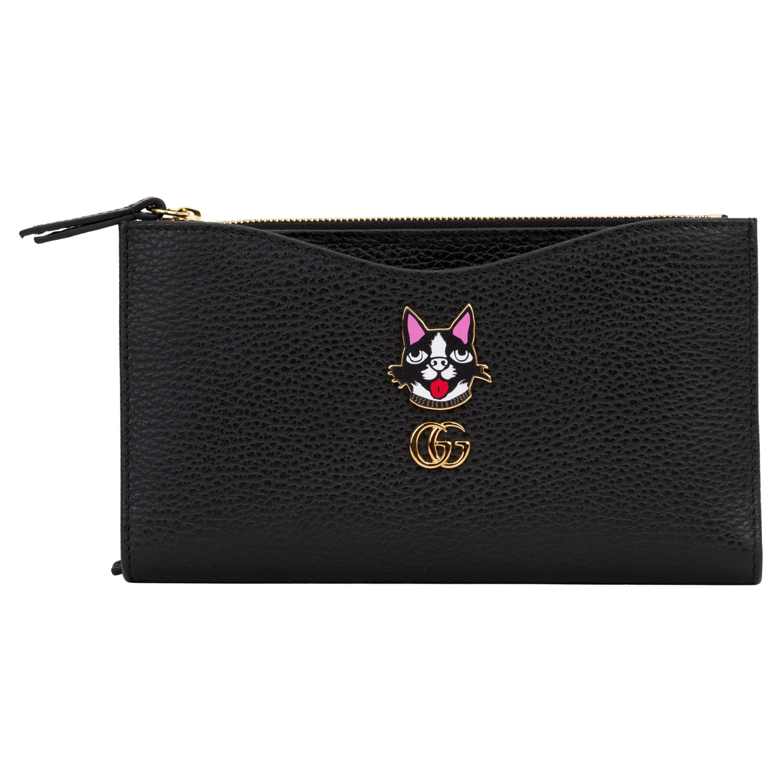 Gucci Marmont Black Leather Clutch with Bosco Cat Design: Gucci Marmont Black Leather Clutch with Bosco Cat Design This Gucci Marmont Leather Clutch is a stylish and functional accessory crafted from high-quality black leather. It features a removable card i