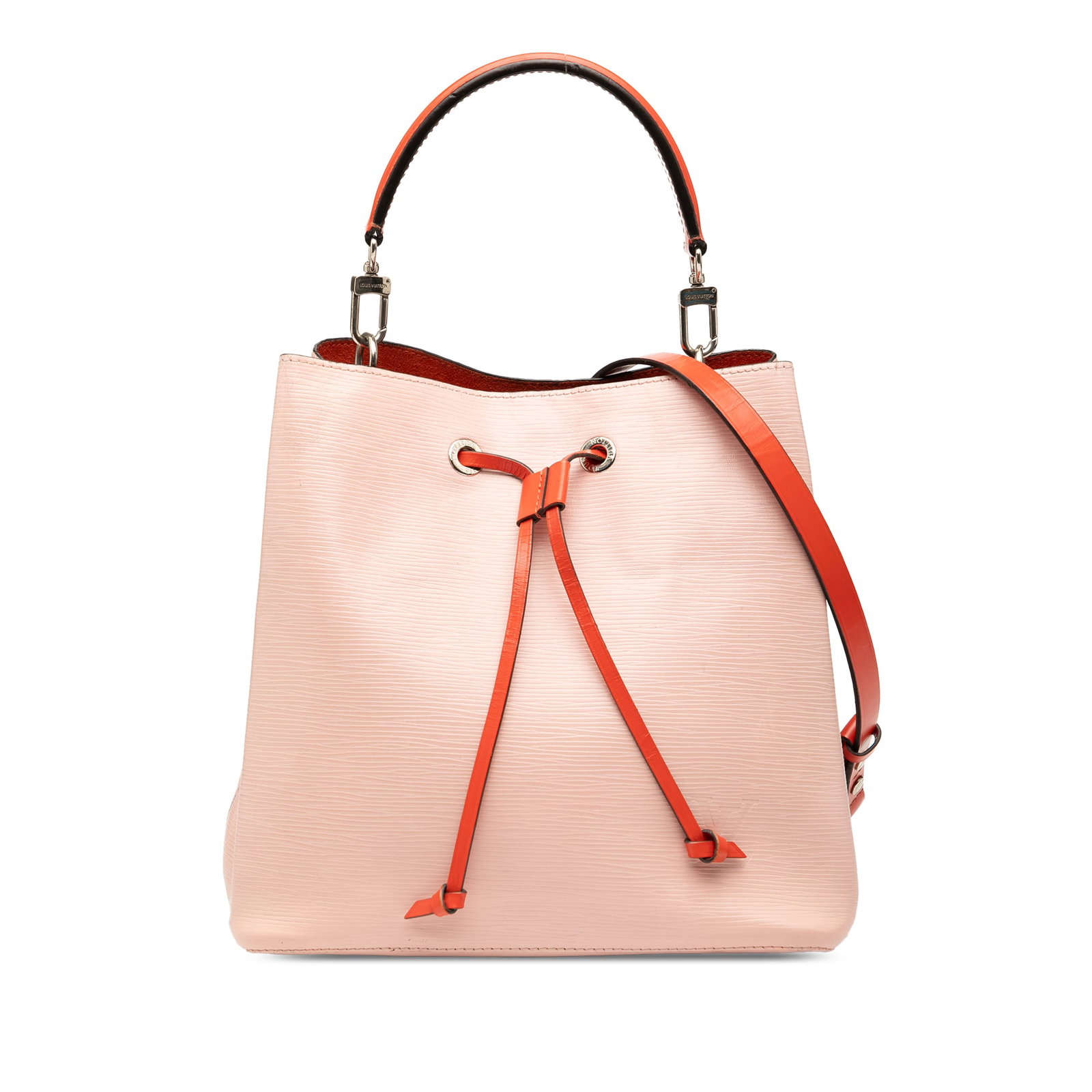 Louis Vuitton Epi Neonoe MM Pink Leather Bag with Drawstring Closure: Louis Vuitton Epi Neonoe MM Pink Leather Bag with Drawstring Closure The Louis Vuitton Epi Neonoe MM is a stylish bag crafted from durable epi leather. It features a flat leather handle and a detachab