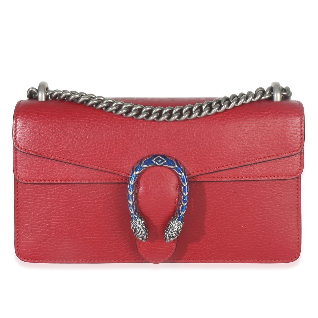 Red Leather Small Dionysus Shoulder Bag by Gucci with Dustbag: Red Leather Small Dionysus Shoulder Bag by Gucci with Dustbag This Gucci Small Dionysus shoulder bag is crafted from red pebbled calfskin leather and features a silver-tone push lock closure. The bag 
