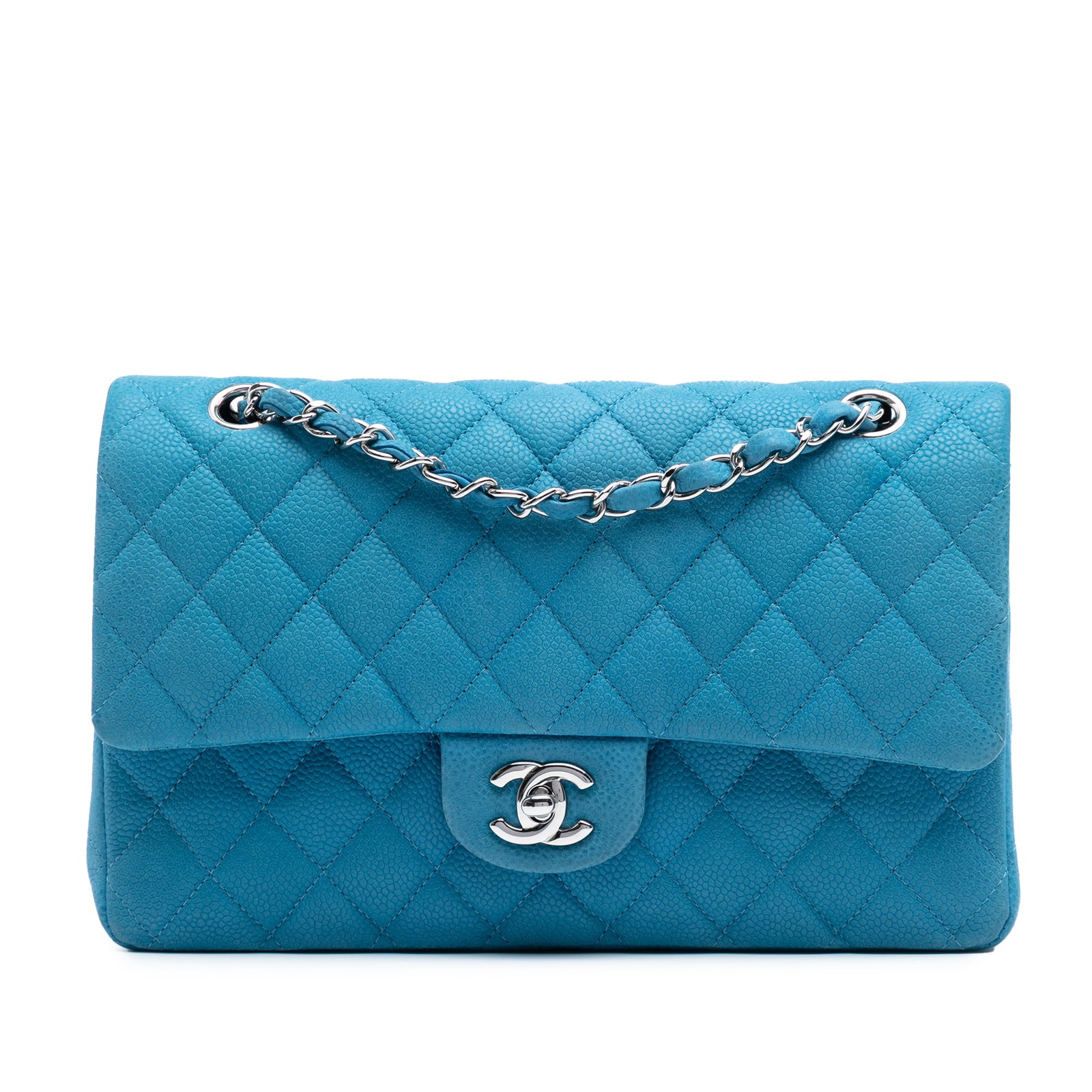 Chanel Medium Classic Caviar Double Flap Blue Leather Shoulder Bag: Chanel Medium Classic Caviar Double Flap Blue Leather Shoulder Bag This Chanel Medium Classic Caviar Double Flap shoulder bag is crafted from luxurious quilted caviar leather in a stunning blue color.