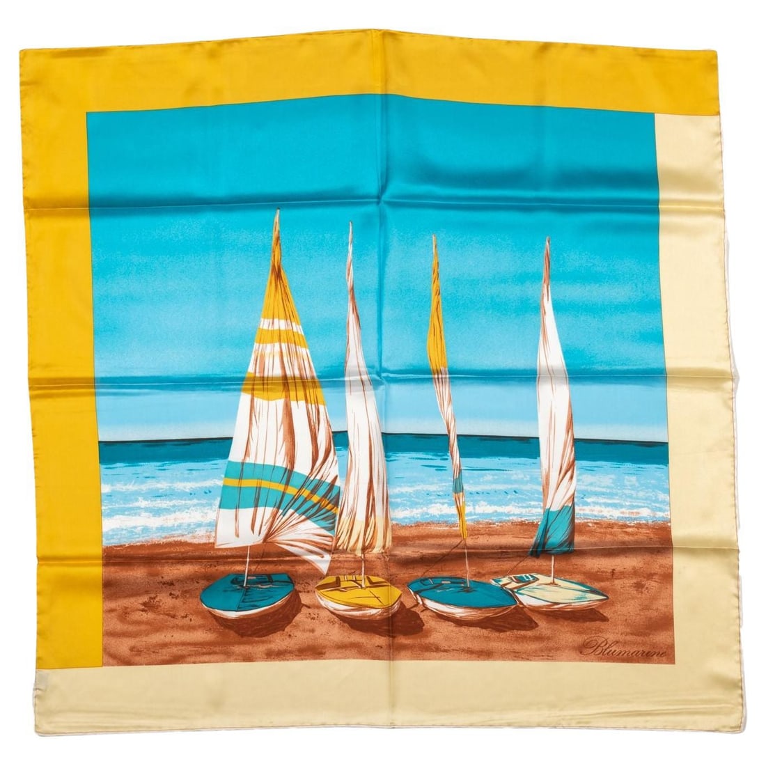 Blumarine Vintage Turquoise Silk Scarf with Sailing Boats: Blumarine Vintage Turquoise Silk Scarf with Sailing Boats Elevate your accessory collection with this exquisite Blumarine Turquoise Sail Silk Scarf. Crafted from luxurious silk, this vintage piece fea