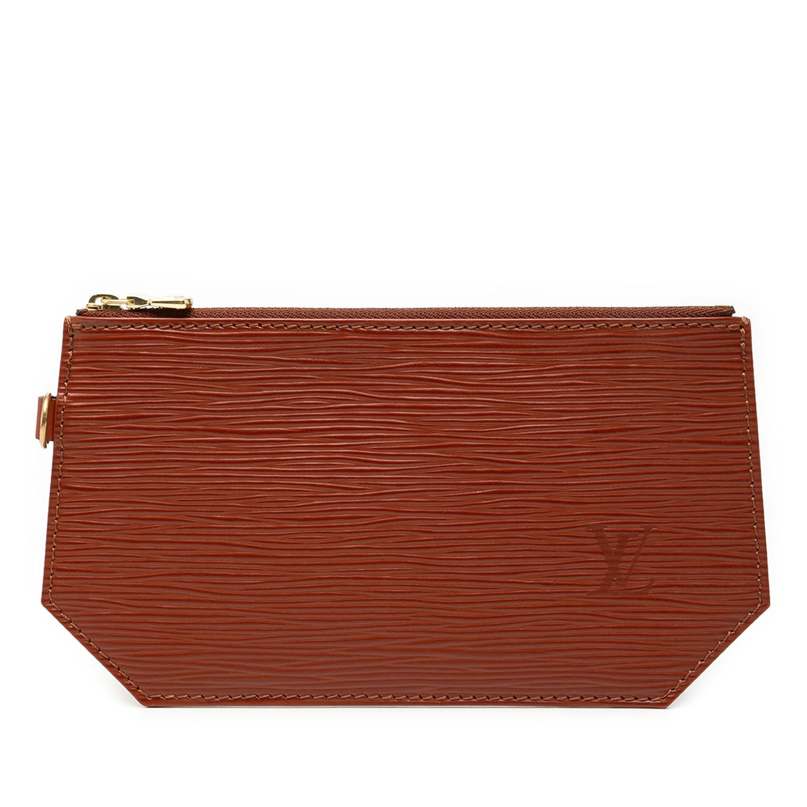 Epi Leather Brown Pouch by Louis Vuitton with Top Zip: Epi Leather Brown Pouch by Louis Vuitton with Top Zip This Louis Vuitton Epi Sac D Epaule Pouch features a durable epi leather body in brown and is secured with a top zip closure. The pouch shows some
