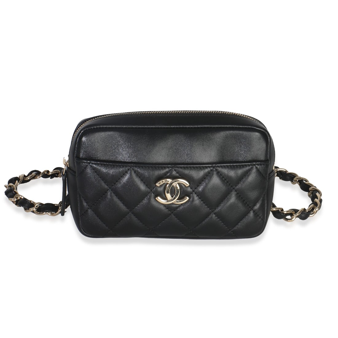 Chanel Front Pocket Belt Bag Black Quilted Lambskin Leather: Chanel Front Pocket Belt Bag Black Quilted Lambskin Leather Black quilted lambskin belt bag with a zip-around closure and gold-tone hardware. It features a front pocket, fabric lining, and a 14.5 in s
