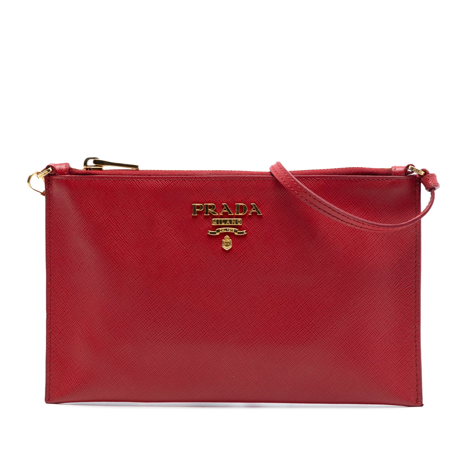 Red Leather Saffiano Shoulder Bag by Prada Italy: Red Leather Saffiano Shoulder Bag by Prada Italy This Prada Saffiano Shoulder Bag is crafted from red leather and features a flat leather shoulder strap, a top zip closure, and interior pockets. The e