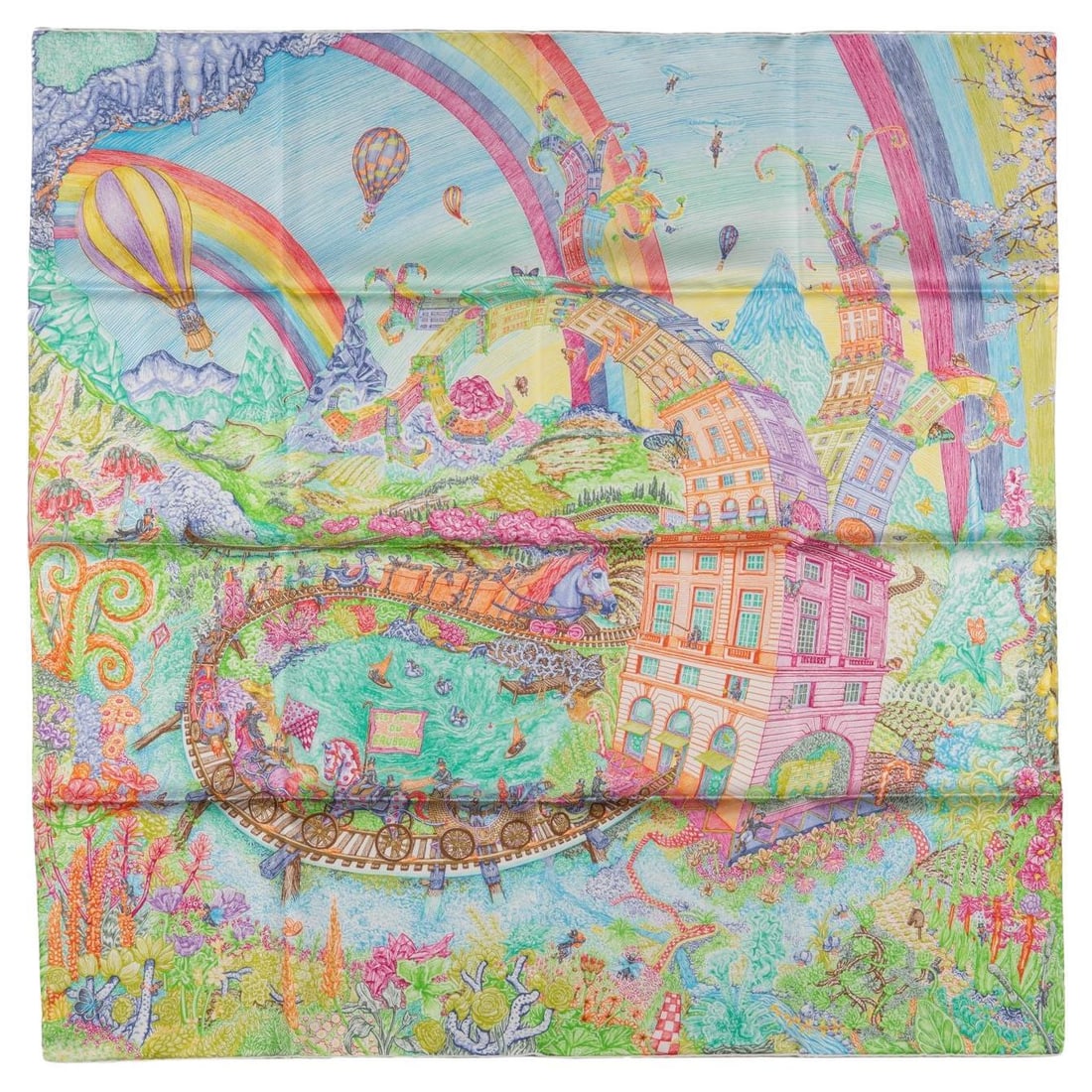 Silk Twill Les Folies du Faubourg Scarf by Hermes with Box: Silk Twill Les Folies du Faubourg Scarf by Hermes with Box The Hermes "Les Folies du Faubourg" scarf features a silk twill construction with hand-rolled edges. Designed by Elias Kafouros, this scarf i