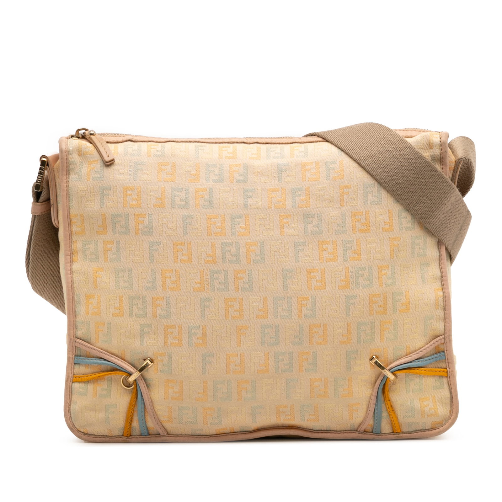 Fendi Zucchino Canvas F Charm Crossbody Bag Italy Brown: Fendi Zucchino Canvas F Charm Crossbody Bag Italy Brown Elevate your accessory game with this Fendi Zucchino Canvas F Charm Crossbody bag. Crafted from durable canvas with luxurious leather trim, this
