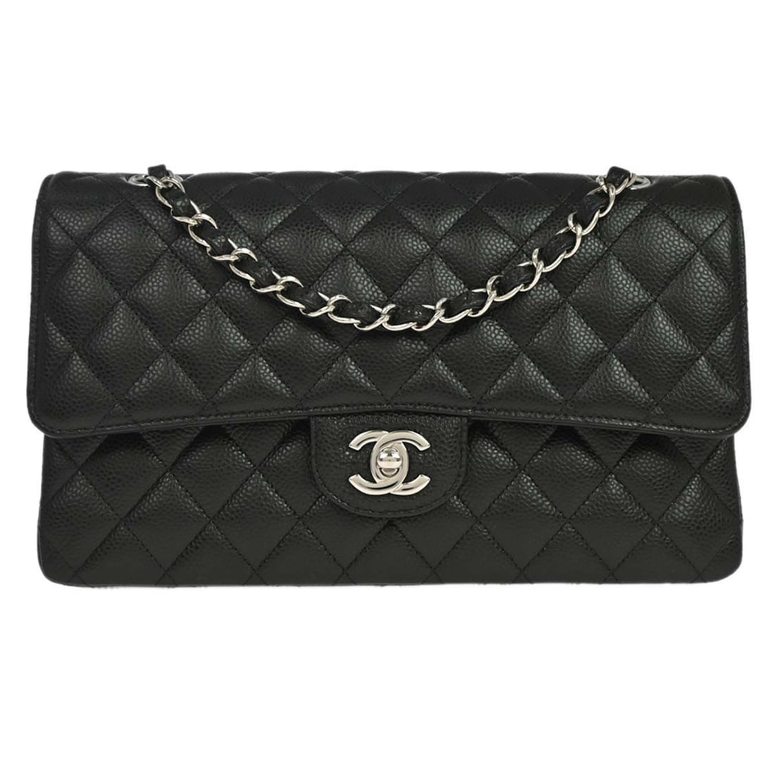 CHANEL Classic Double Flap Medium Black Caviar Leather Shoulder Bag: CHANEL Classic Double Flap Medium Black Caviar Leather Shoulder Bag Chanel Classic Double Flap Medium Shoulder Bag in black caviar skin leather with a matelasse pattern and leather lining. It features