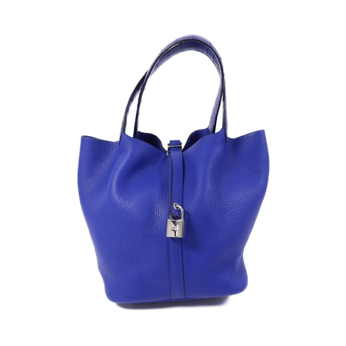 Hermes Picotin MM Blue Clemence Calfskin Bucket Tote PHW: Hermes Picotin MM Blue Clemence Calfskin Bucket Tote PHW A Hermes Picotin MM hand bag/bucket tote bag in BluexBlue, made from Taurillon Clemence and calfskin (cowhide). It comes with belt hardware and