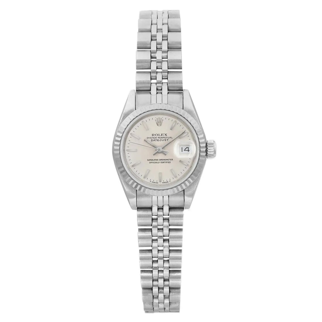 Lady Datejust Silver Sunburst Dial 26mm Rolex Watch Model 69174: Lady Datejust Silver Sunburst Dial 26mm Rolex Watch Model 69174 This Rolex Lady Datejust wristwatch features a 26mm polished stainless steel case with a fluted fixed 18K white gold bezel. The watch ha