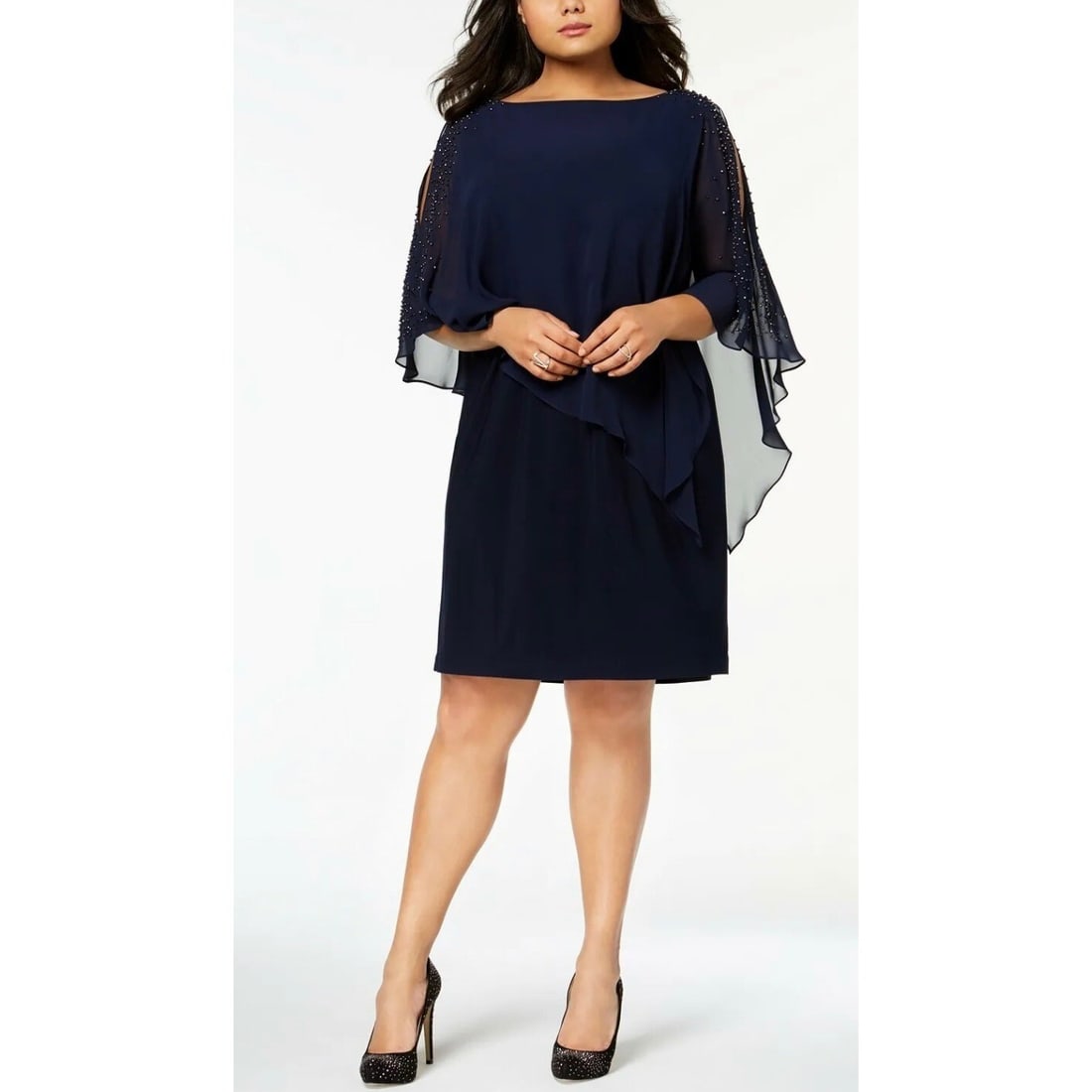 Xscape Plus Size Navy Beaded Chiffon Popover Dress 16W (1 of 2)