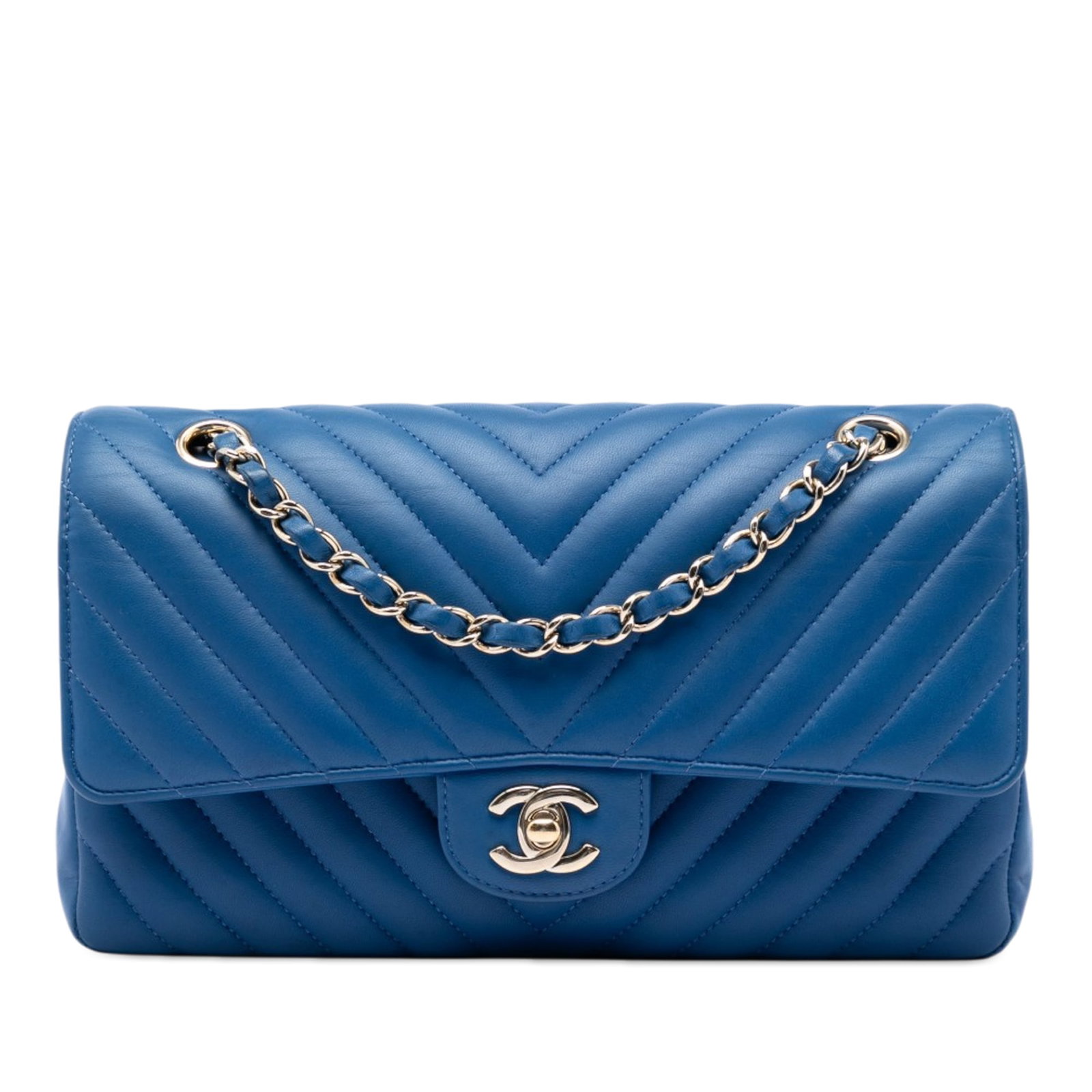 Chanel Medium Classic Chevron Double Flap Blue Lambskin Shoulder Bag: Chanel Medium Classic Chevron Double Flap Blue Lambskin Shoulder Bag Chanel Medium Classic Chevron Lambskin Double Flap shoulder bag in blue leather, made in France. It features a quilted lambskin lea
